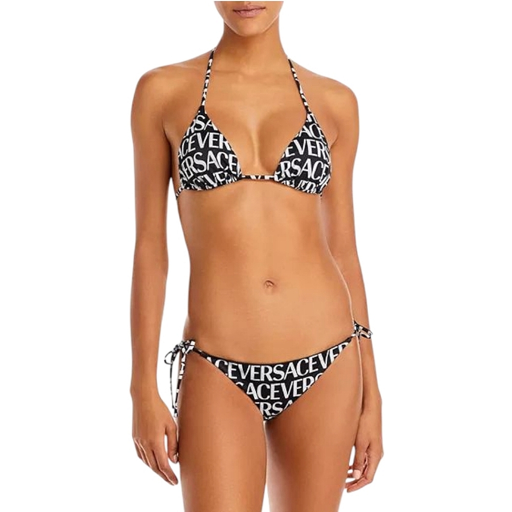 🖤 Versace Logo Print Triangle Bikini Top & Side Tie Bikini Bottom NWT